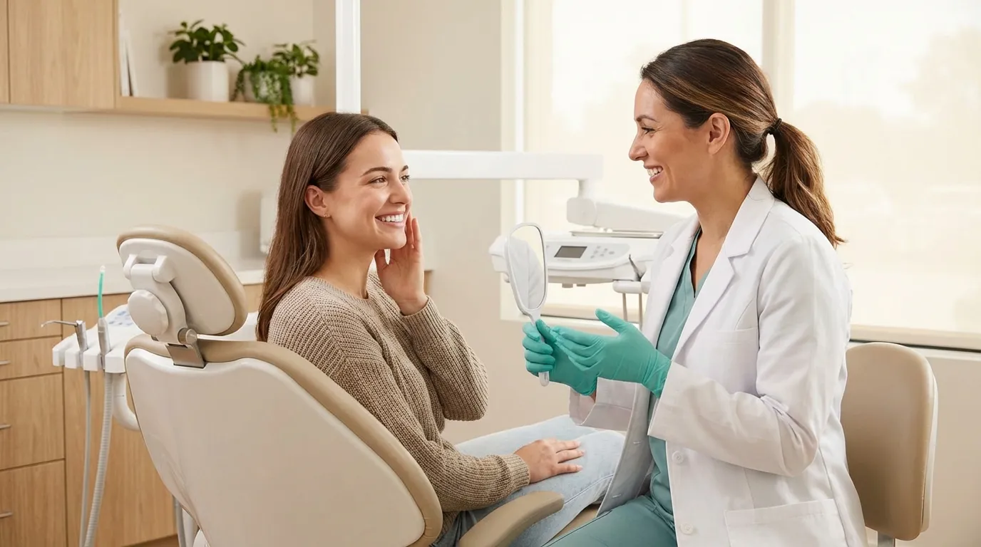 Patientin bei der professionellen Zahnreinigung in der Zahnarztpraxis